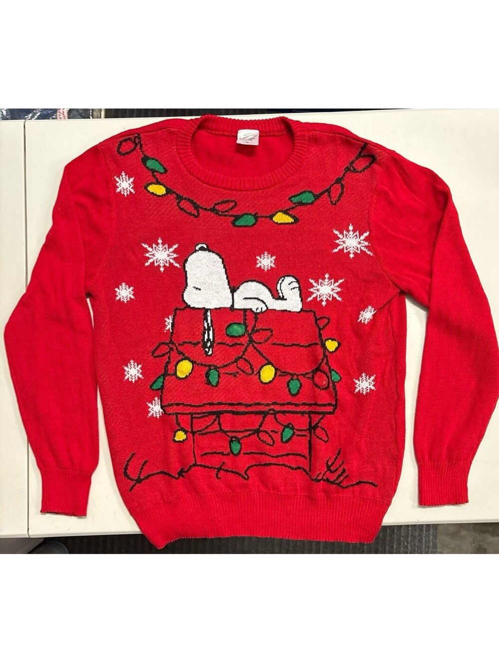 Vintage Peanuts Snoopy Christmas Sweater Doghouse Holiday Lights Snowflakes XL